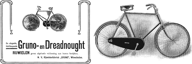 Boven, links: Gruno-fiets met girder-frame (advertentie uit 1907), rechts: Gruno No. 4 Speciaal Toer met duplex-vorken en een gecombineerd remstangen/remkabel-systeem (folder uit 1913). 